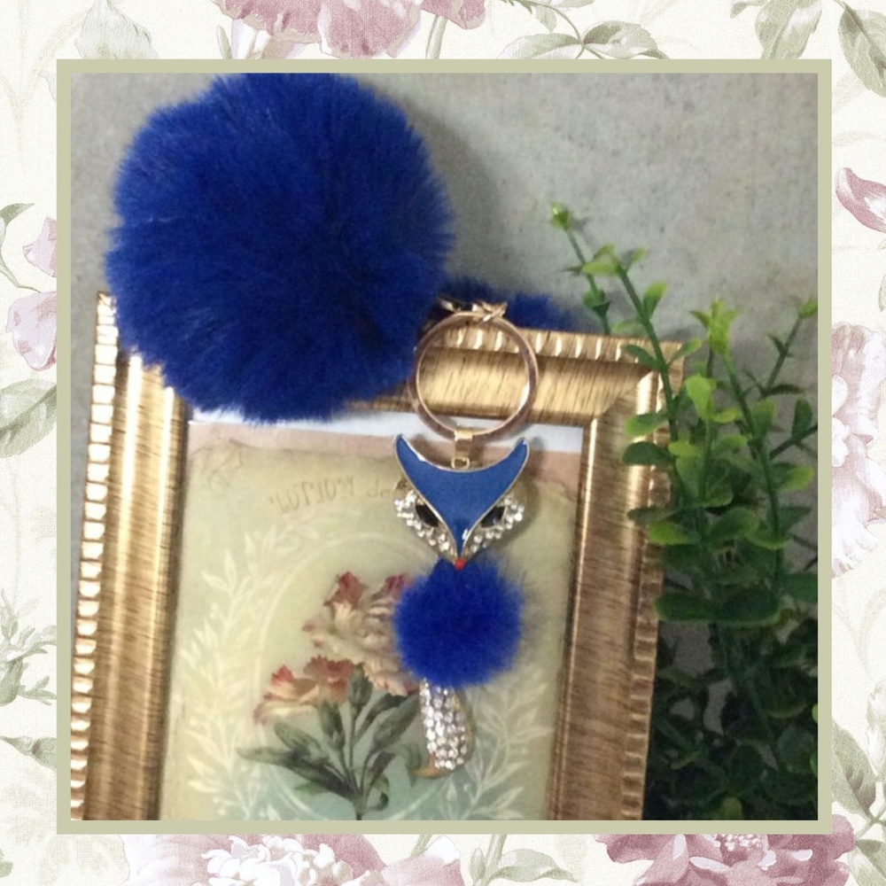 🌺 FURBALL BLING FOX KEYCHAIN CLASP CAT DIAMOND NAVY BLUE FUR RHINESTONE ANIMAL